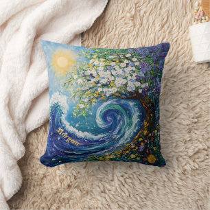 Whimsical Ocean Wave Impressionism Painting Cushion