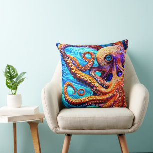 Whimsical Octopus Blue Ocean Wave Cubism  Cushion