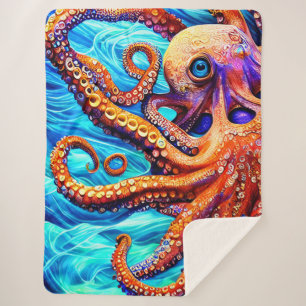 Whimsical Octopus Blue Ocean Wave Cubism Sherpa Blanket