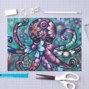 Whimsical Octopus Floral Teal Coastal Decoupage Tissue Paper