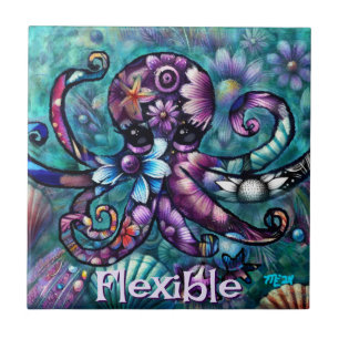 Whimsical Octopus Floral Teal Coastal Personalised Ceramic Tile