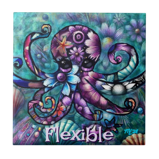 Whimsical Octopus Floral Teal Coastal Personalised Ceramic Tile (Front)