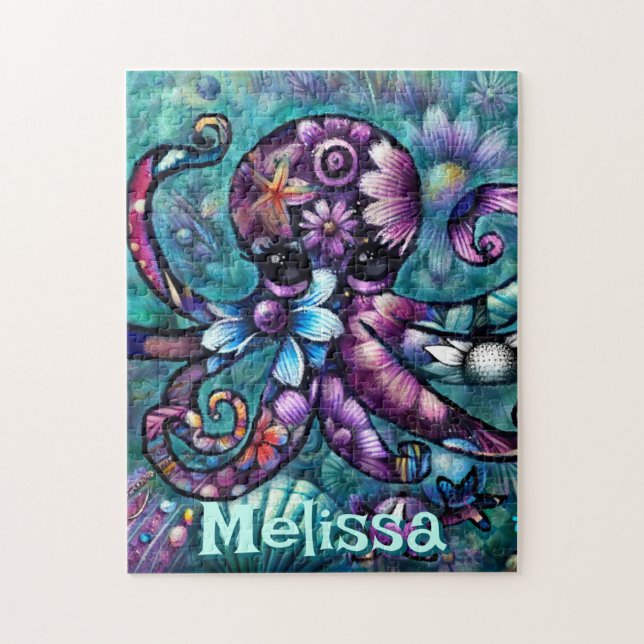 Whimsical Octopus Floral Teal Coastal Personalised Jigsaw Puzzle (Vertical)