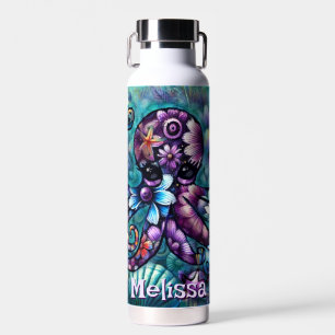 Whimsical Octopus Floral Teal Coastal Personalised Water Bottle