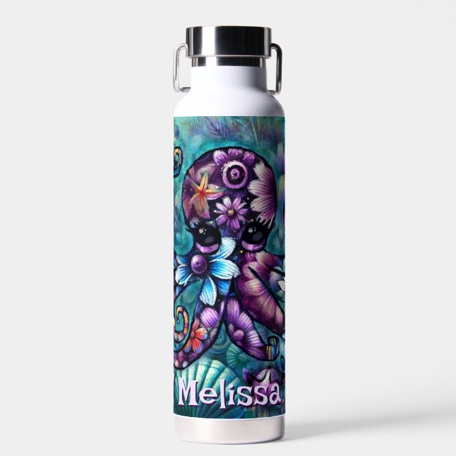 Whimsical Octopus Floral Teal Coastal Personalised Water Bottle (Front)