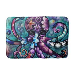 Whimsical Octopus Floral Teal Purple Blue Coastal Bath Mat