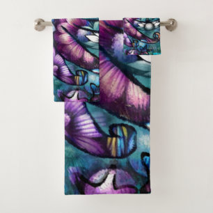 Whimsical Octopus Floral Teal Purple Blue Coastal Bath Towel Set