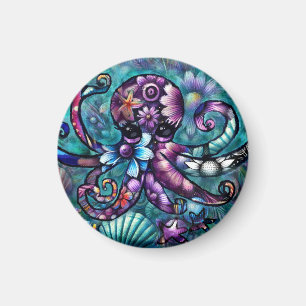 Whimsical Octopus Floral Teal Purple Blue Coastal Magnet