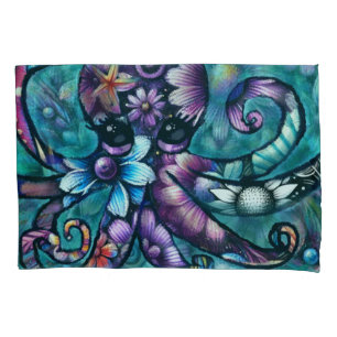 Whimsical Octopus Floral Teal Purple Blue Coastal Pillowcase