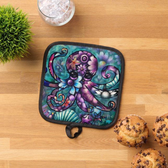 Whimsical Octopus Floral Teal Purple Blue Coastal Pot Holder (Top Down)