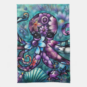 Whimsical Octopus Floral Teal Purple Blue Coastal Tea Towel