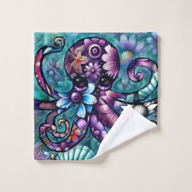 Whimsical Octopus Floral Teal Purple Blue Coastal Wash Cloth (Wash Cloth)