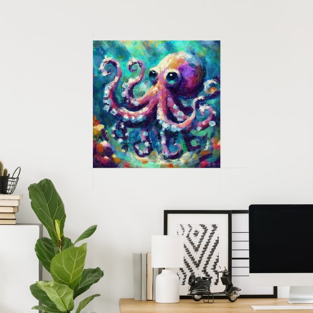 Whimsical Octopus Oil Painting Nautical Beach Poster (Home Office)
