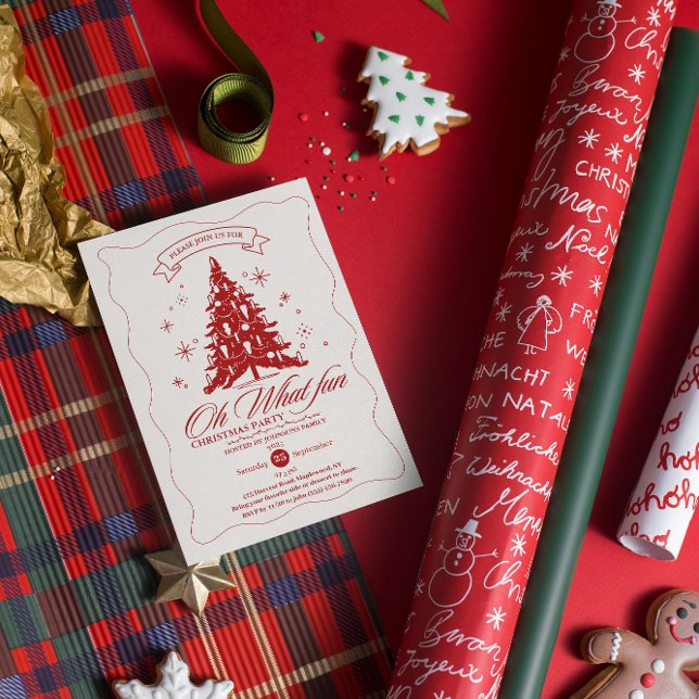 Whimsical Oh What Fun Christmas Tree Red Beige  Invitation (Whimsical Oh What Fun Christmas Tree Red Beige Invitation hand drawing stars tree red calligraphy )