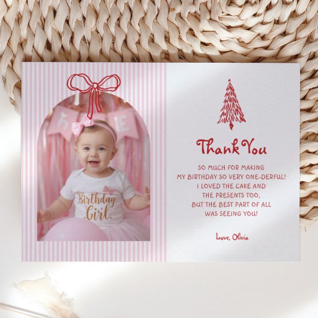 Whimsical Oh What Fun Girl 1st Birthday Photo Thank You Card (Creator Uploaded)