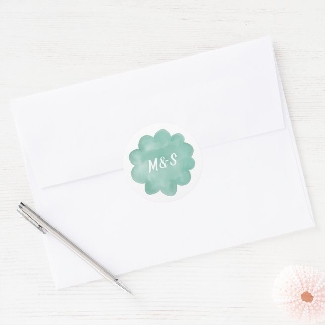 Whimsical Olive Green Hand Drawn Monograms Wedding Classic Round Sticker (Envelope)