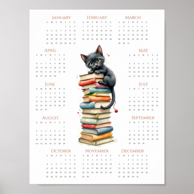 Whimsical One-Page 2026 Cat & Book Stack Calendar Poster (Front)