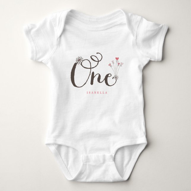 Whimsical One Pink Baby Girl 1st Birthday Party Bodysuit (Front)