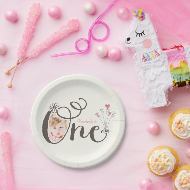 Whimsical One Pink Baby Girl 1st Birthday Photo Paper Plate (Party)