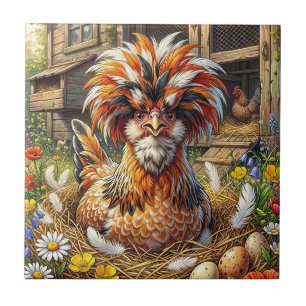 Whimsical Orange and White Polish Chicken Coop Ceramic Tile