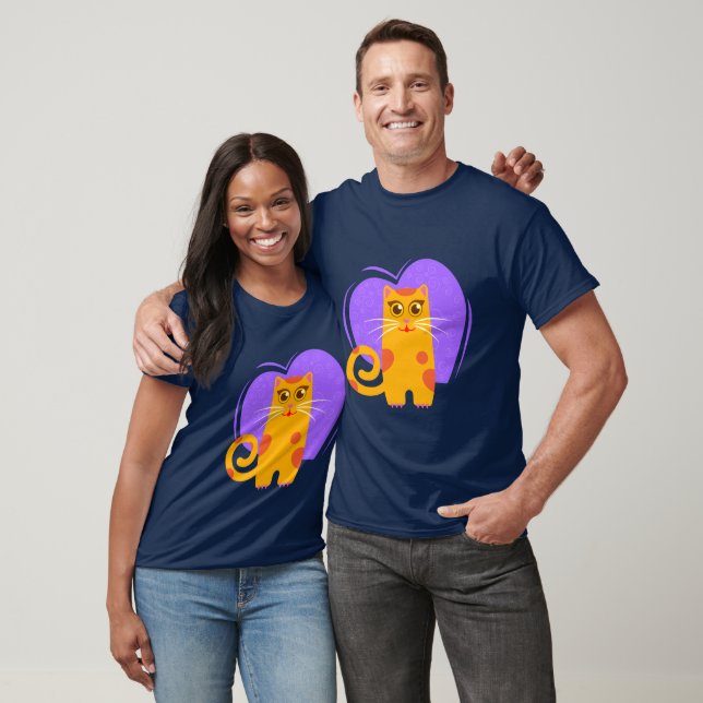 Whimsical Orange Cat with Purple Heart Swirls T-Shirt (Unisex)