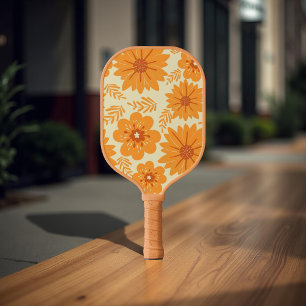 Whimsical Orange Floral 70s Boho Botanical Spring  Pickleball Paddle