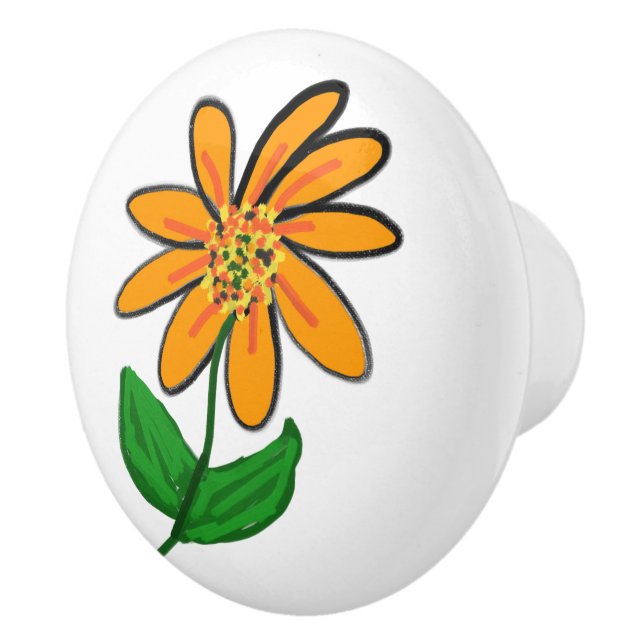 Whimsical Orange Floral Green Leaves Ceramic Knob (Right)