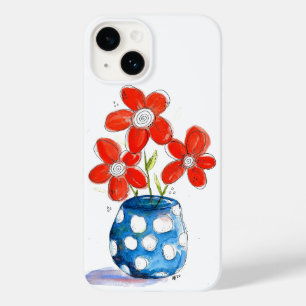 Whimsical Orange Flowers in Blue Vase Case-Mate iPhone 14 Case