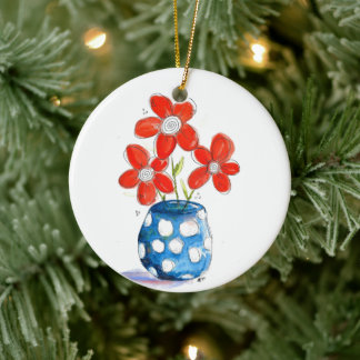 Whimsical Orange Flowers in Blue Vase Ceramic Ornament