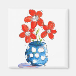 Whimsical Orange Flowers in Blue Vase Magnet