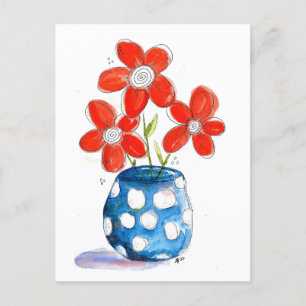 Whimsical Orange Flowers in Blue Vase Postcard