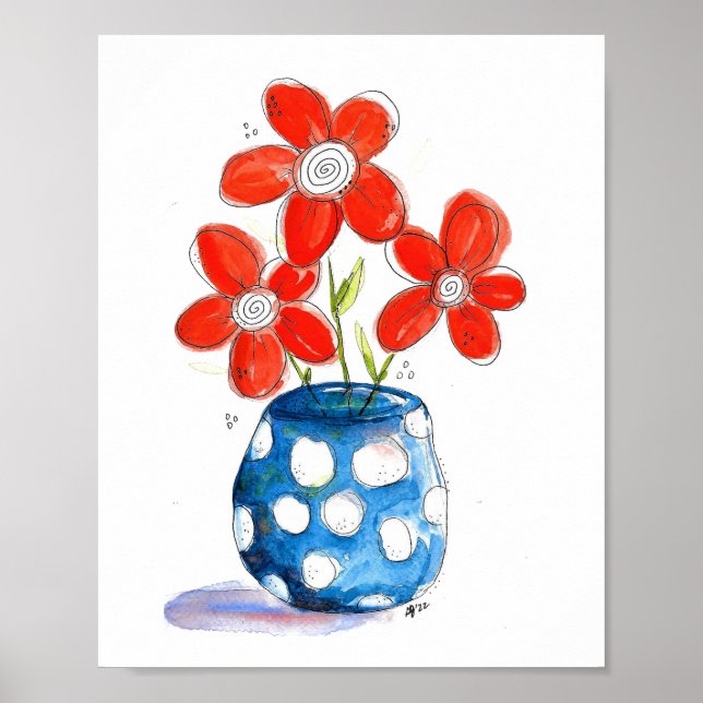 Whimsical Orange Flowers in Blue Vase Poster (Front)