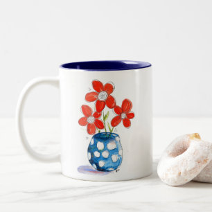 Whimsical Orange Flowers in Blue Vase Two-Tone Coffee Mug