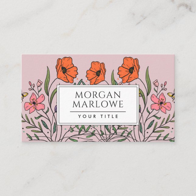 Whimsical Orange Pink Floral Bouquet Dusty Pink Business Card (Front)