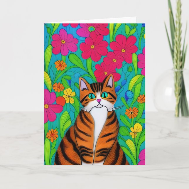 Whimsical Orange Striped Cat | Bestie's Birthday Card (Front)