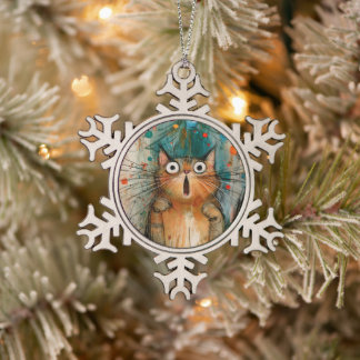 Whimsical Orange Surprised Christmas Tree Cat Snowflake Pewter Christmas Ornament