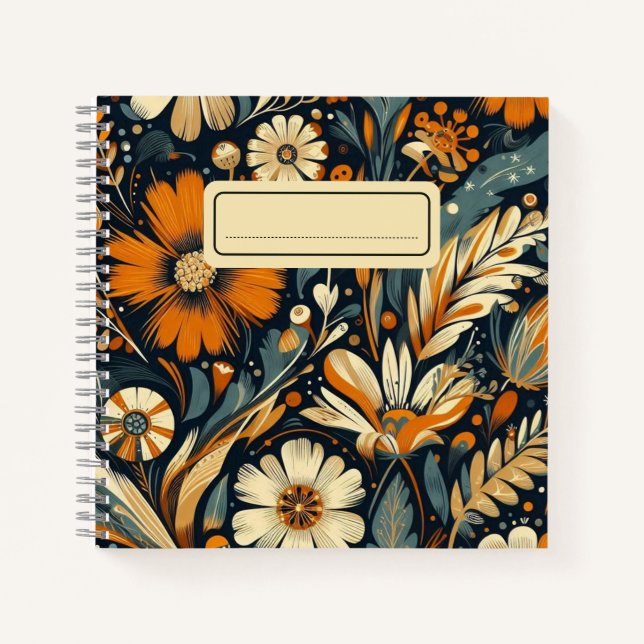  Whimsical Orange Wildflowers & Birds in Folk Art  Notebook (Front)
