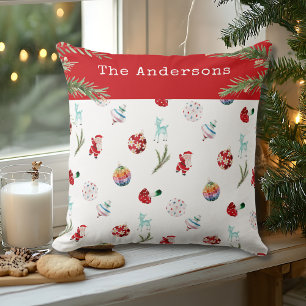Whimsical Ornaments Family Name Photo Christmas Cushion
