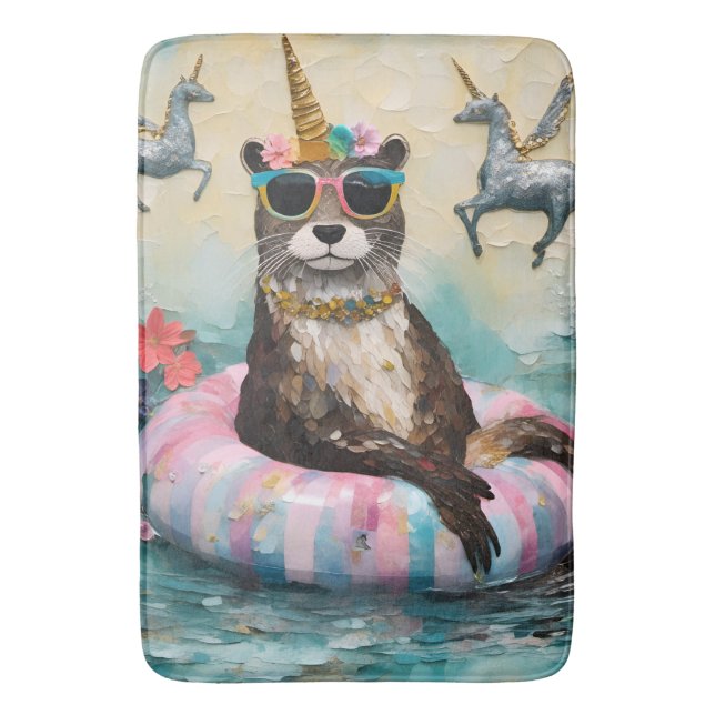 Whimsical Otter and Unicorns Floating on a River Bath Mat (Front Vertical)