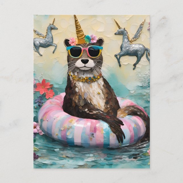 Whimsical Otter and Unicorns Floating on a River Postcard (Front)