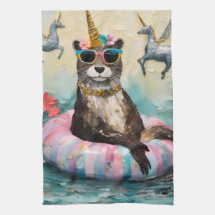 Whimsical Otter and Unicorns Floating on a River Tea Towel