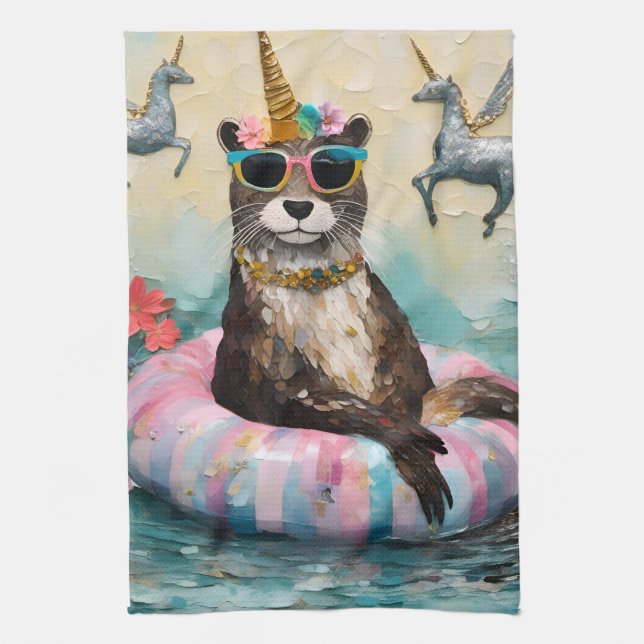 Whimsical Otter and Unicorns Floating on a River Tea Towel (Vertical)