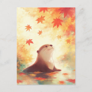 Whimsical Otter in Autumn Water Meadow Postcard