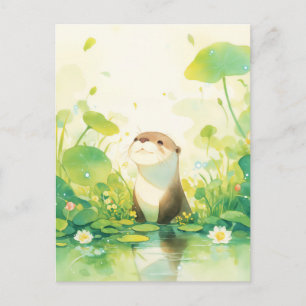 Whimsical Otter in Green Lily Pond Postcard