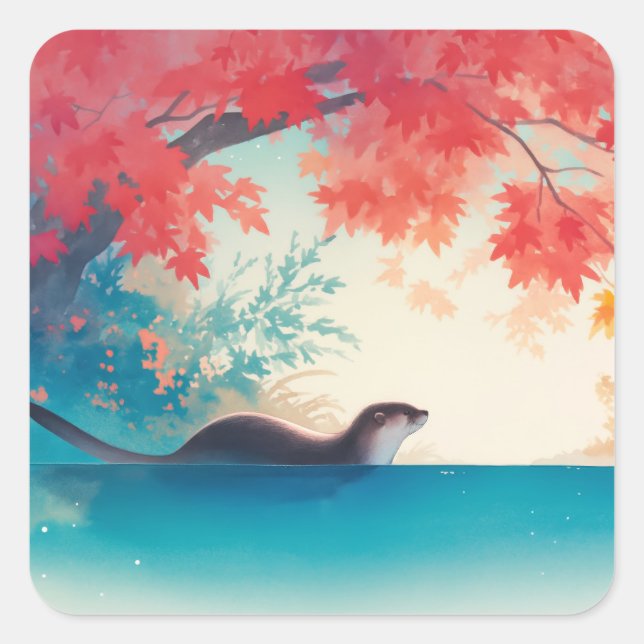 Whimsical Otter Sticker with Autumn Leaves (Front)