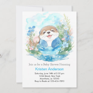 Whimsical Otter Watercolor Boy Baby Shower Invitation