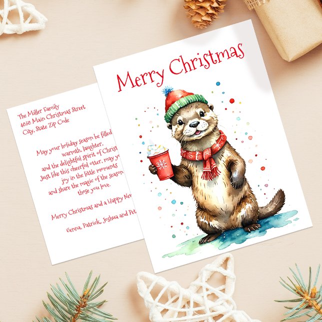 Whimsical Otter with Festive Hat Christmas  Holiday Postcard (Creator Uploaded)