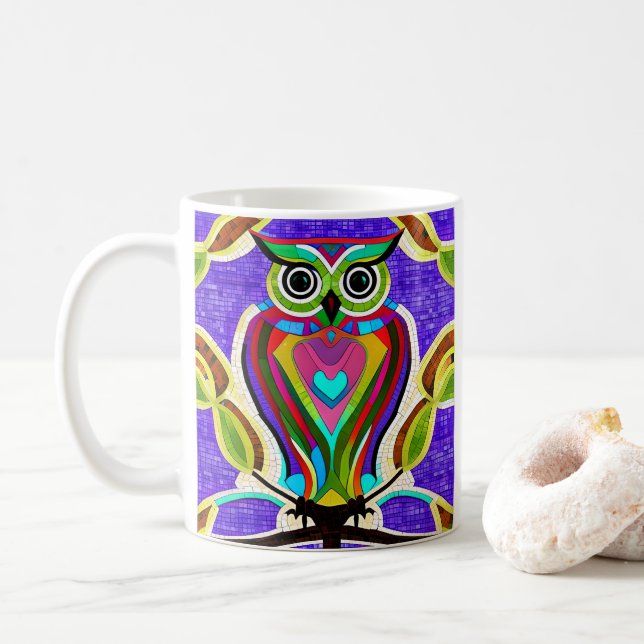Whimsical Owl AI Art with Colourful Feathers Coffee Mug (With Donut)