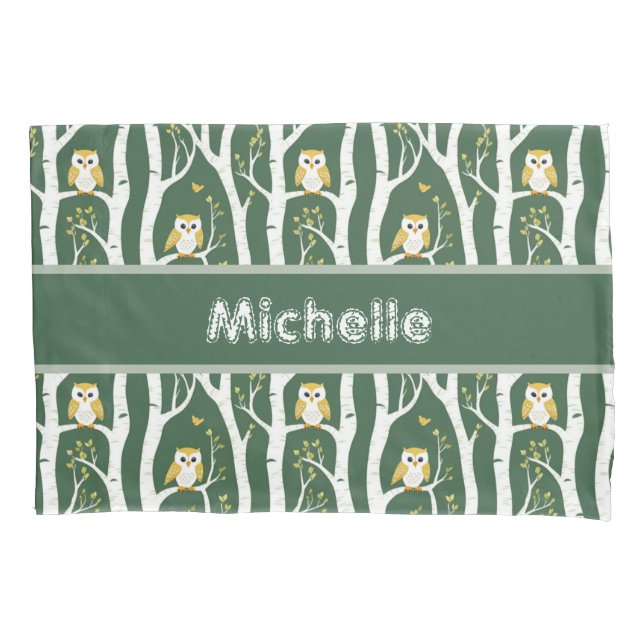 Whimsical Owl and Birch Tree Pattern Pillowcase (Front-Left)