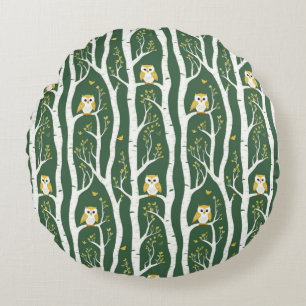 Whimsical Owl and Birch Tree Pattern Round Cushion